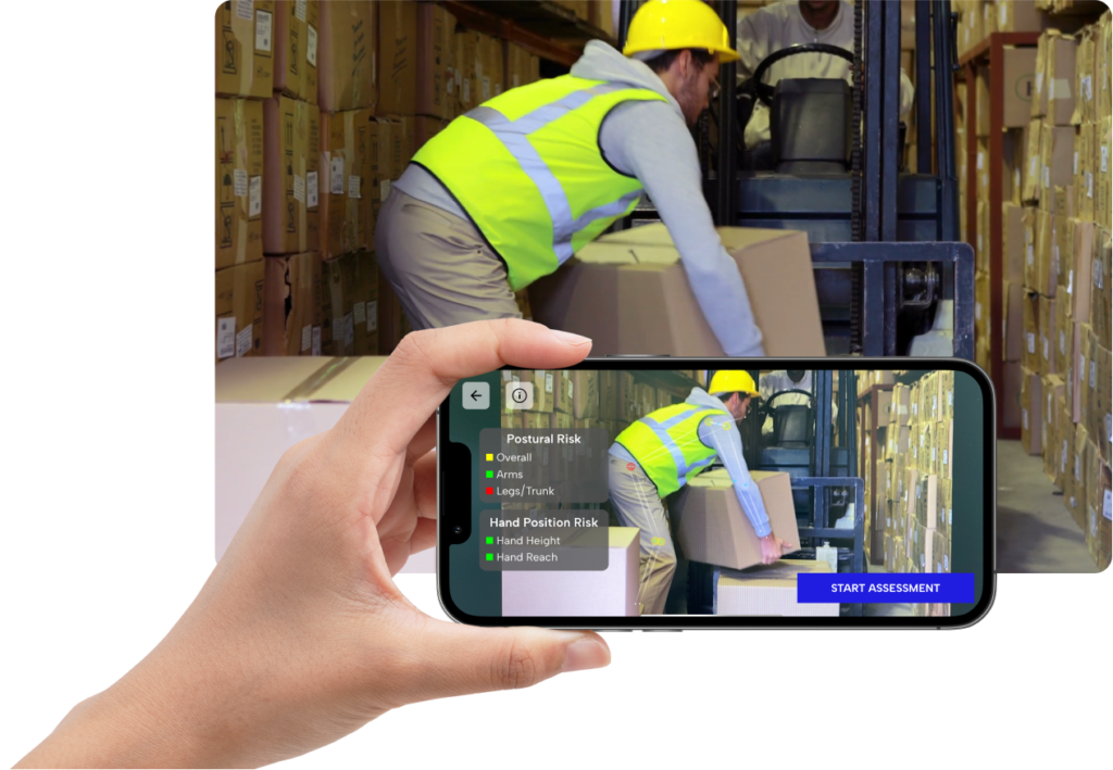 A phone app scans a construction worker lifting boxes.